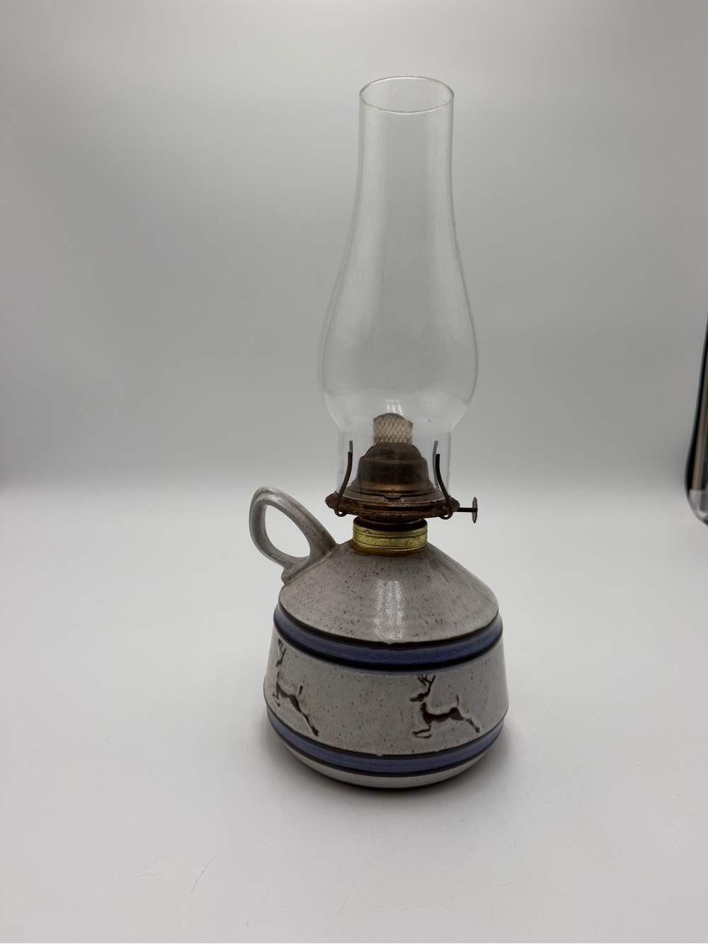 Vintage Onion River Pottery Vermont Oil Lamp Deer Stoneware Cabincore Lodges